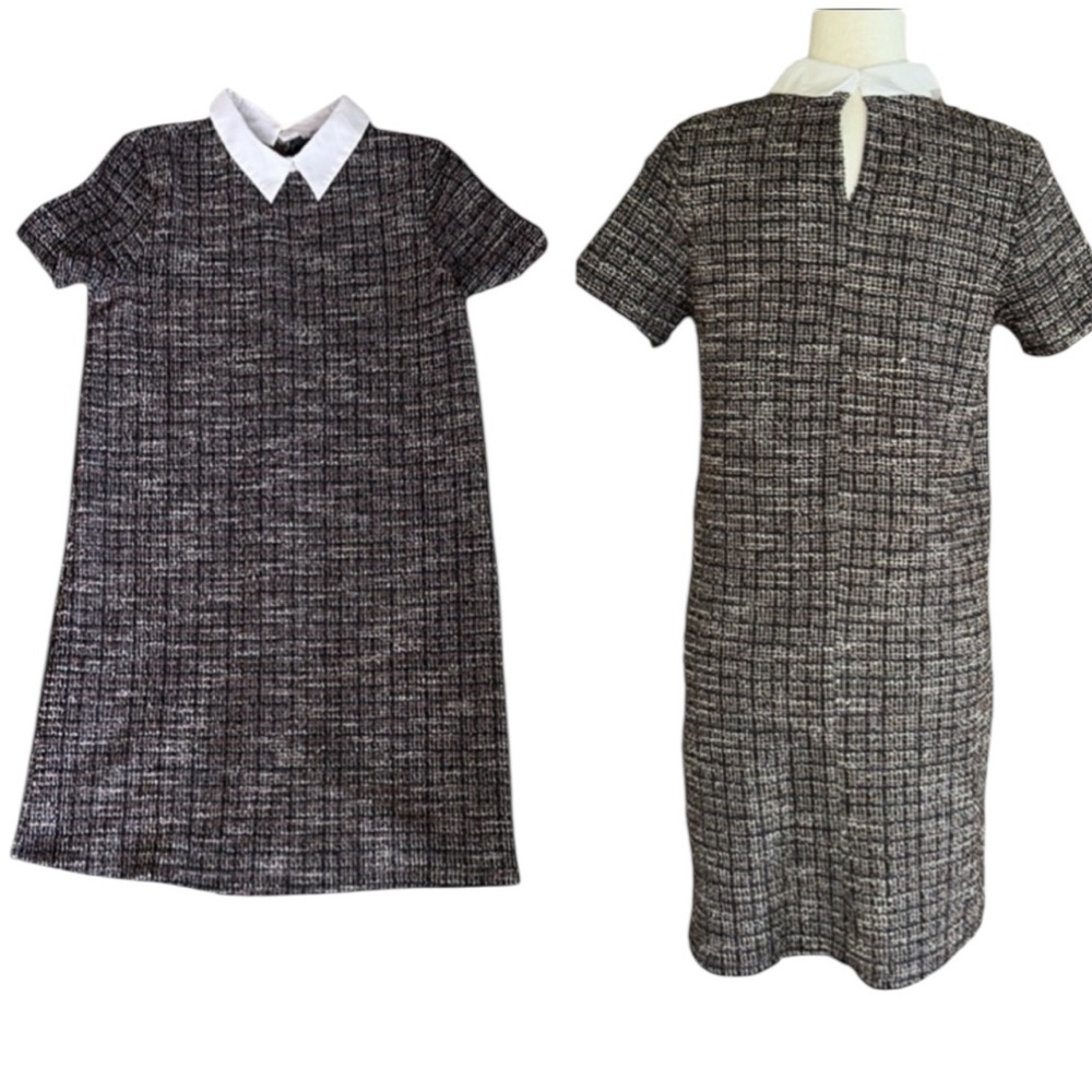 Zara Textured Tweed White Peter Pan Collar Stretchy Shift Mini Dress - S